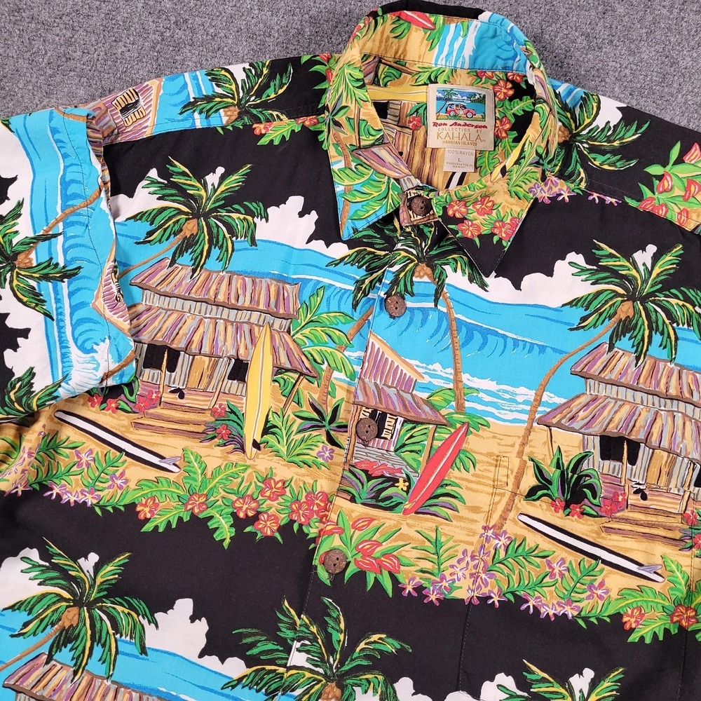Ron Anderson Kahala Shirt Mens Large Multicolor Hawaiian Beach Hut Rayon Aloha